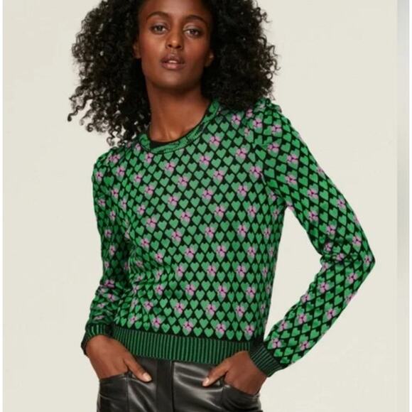 Diane von Furstenberg  Roberta Sweater Women Large Green Purple Print Wool Blend - Picture 2 of 10